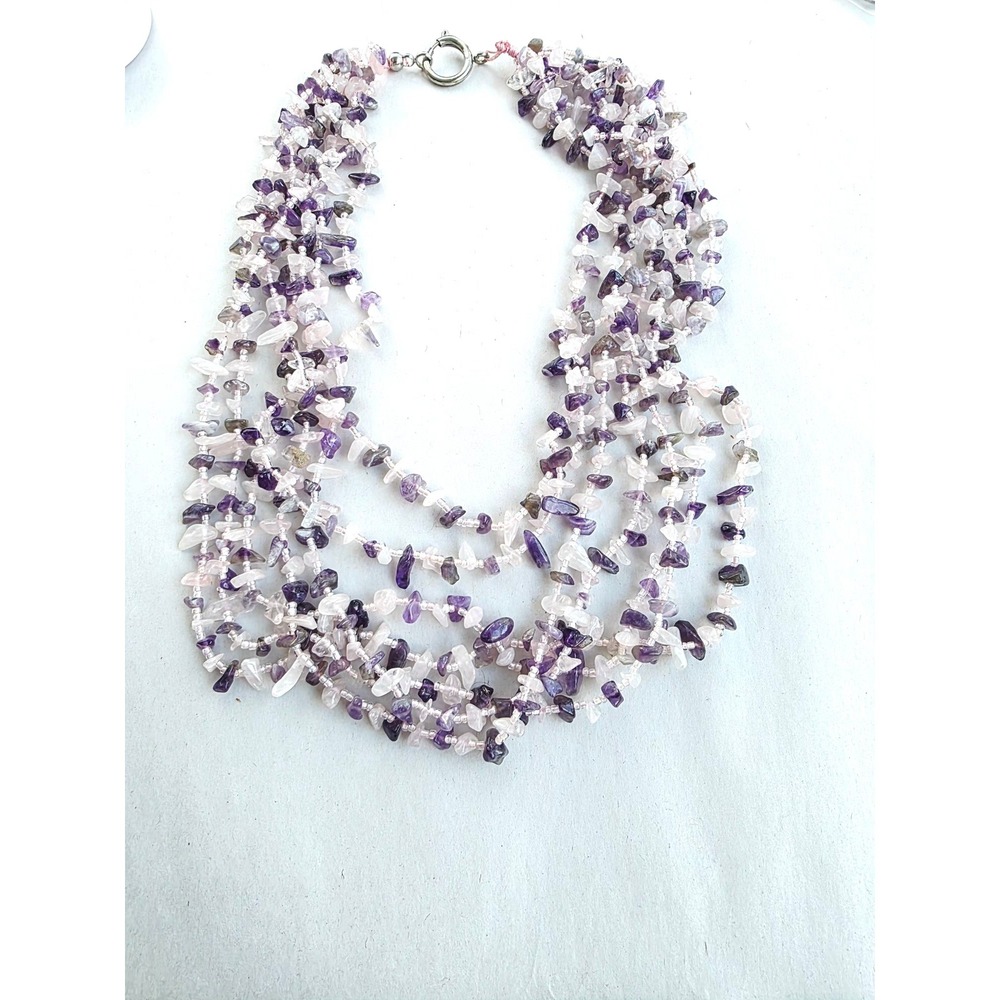 Artisan Handmade Amethyst Rose Quartz Chip Multi Strand Statement Necklace 22in